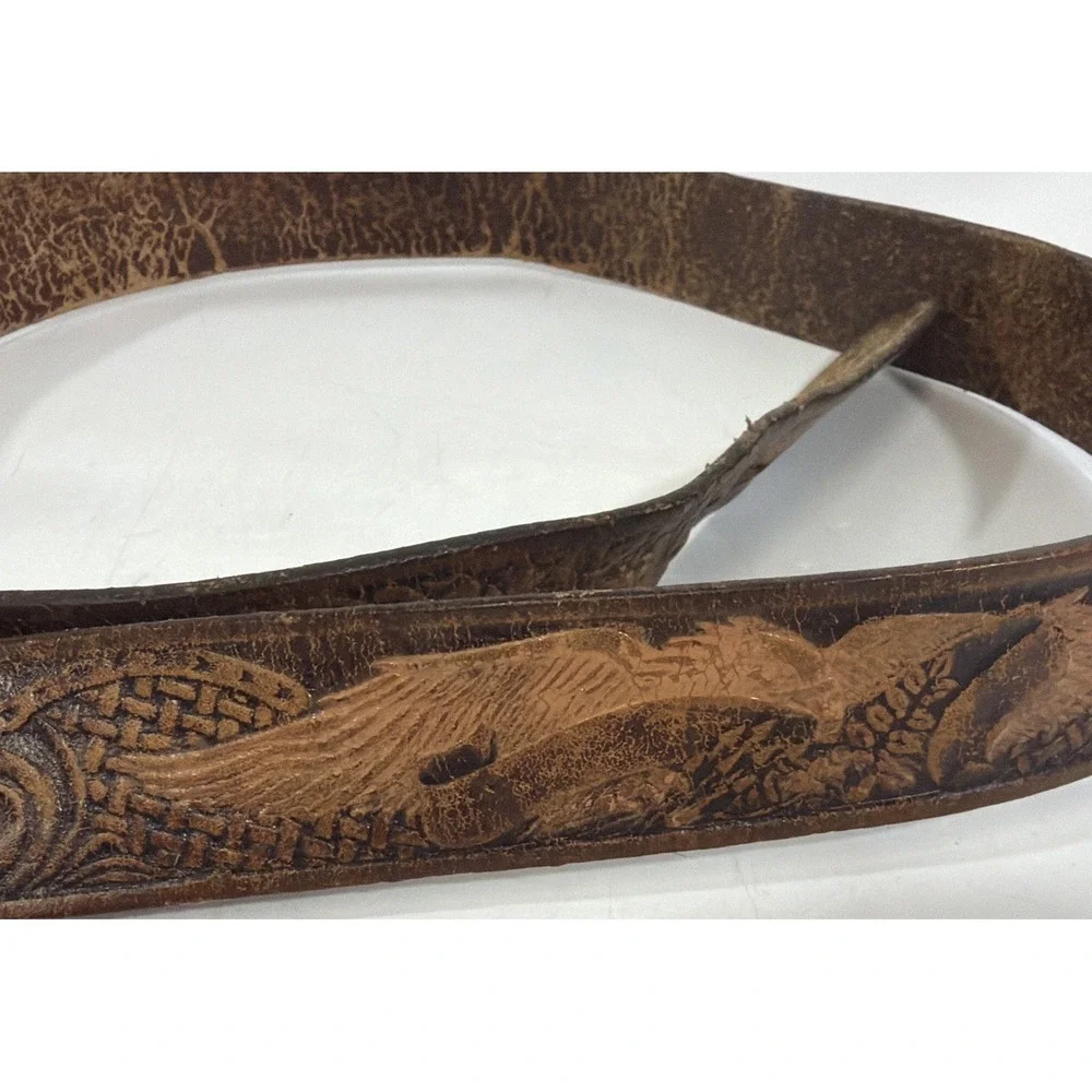 Mens Vintage Brown Leather Hand Tooled Belt USA Eagles America Made Mexico 38